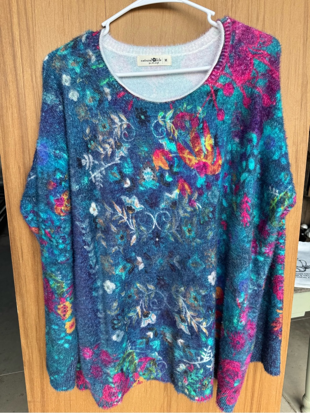 NATURAL LIFE Teal Multicolor Floral Crewneck Fuzzy Nylon Sweater